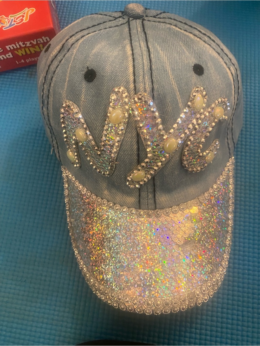 Embellished Denim Baseball Cap with Sparkle Visor